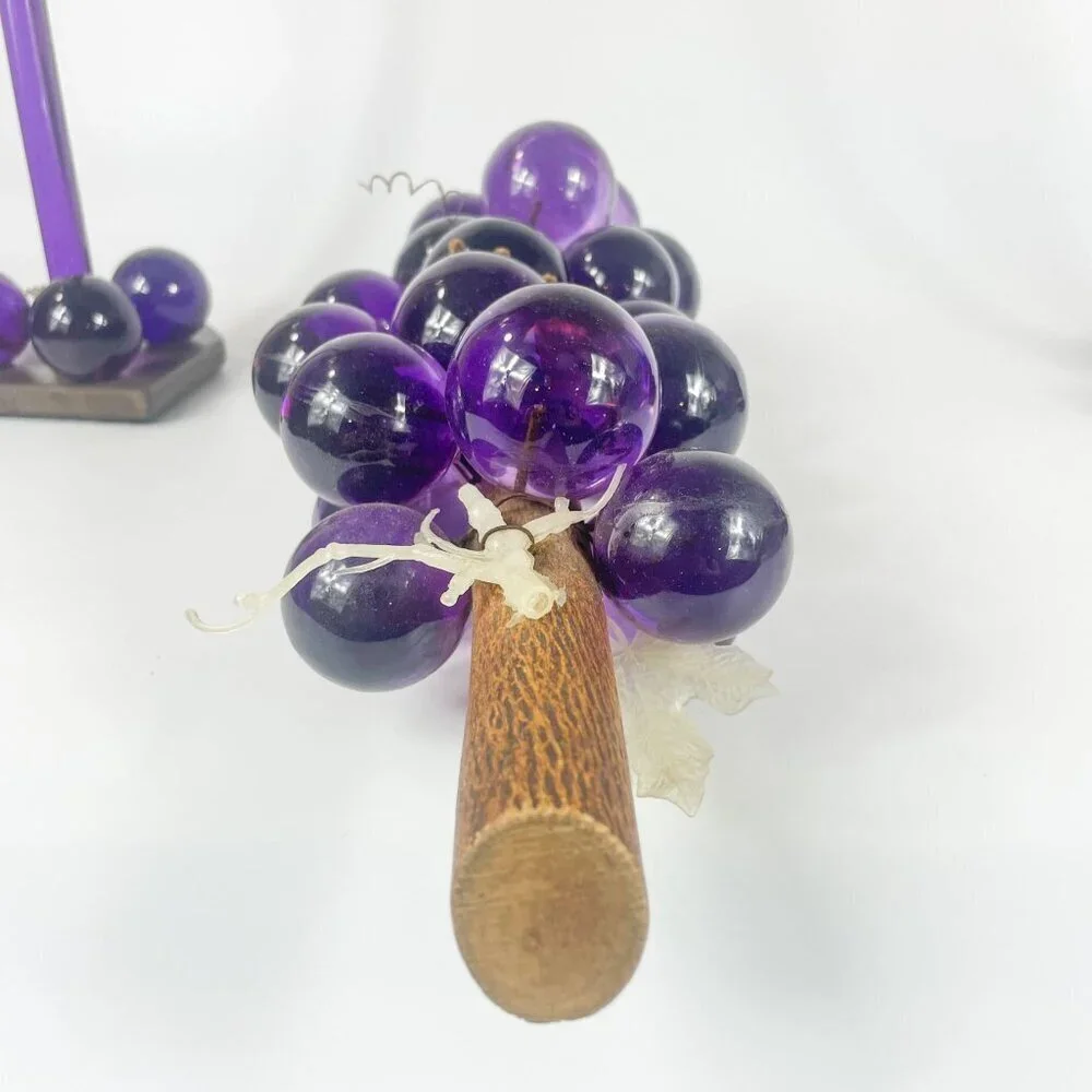 Purple Lucite Large Grapes On Burl Wood Candleholders Candles Console Set